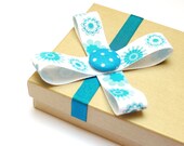 Ribbon gift wrap add-on, TEAL FLOWER, bright blue and white