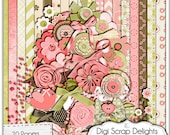 Sale Save 2 Hannah Mega Digital Scrapbook Kit (Coral Pink, Green, Brown), Instant Download