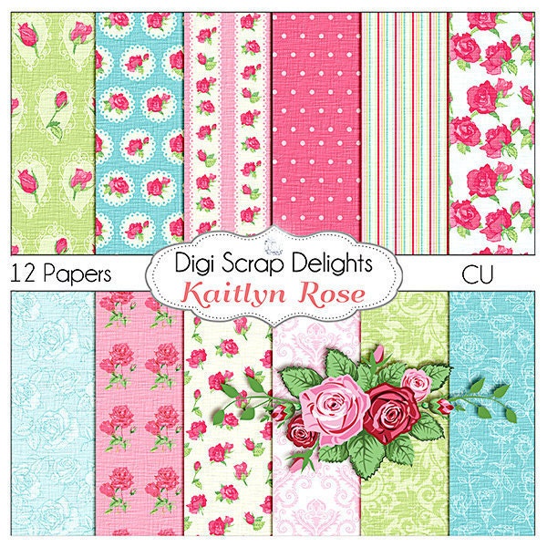 Shabby Chic Vintage Kaitlyn Rose Papers -Instant Download - Cath Kidson Style Digital Papers  Scrapbooking, Card Making, Photo Backgrounds