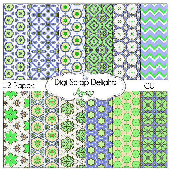 Blue & Green Digital Papers: Amy Scrapbook Paper for Digital Scrapbooking, Crafts, Web Design, Instant Download