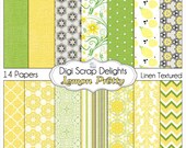 Lemon Pretty Digital Papers in Lime Green & Lemon Yellow Flowers, Swirls, Quatrefoil, Chevron, Damask, Instant Download