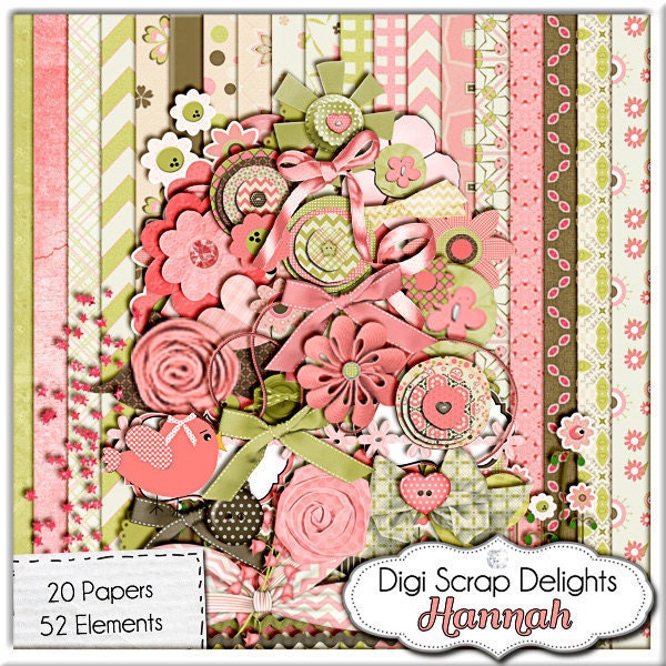 Digital Scrapbooking: Hannah Mega Digital Scrapbook Kit (Coral Pink, Green, Brown), Instant Download