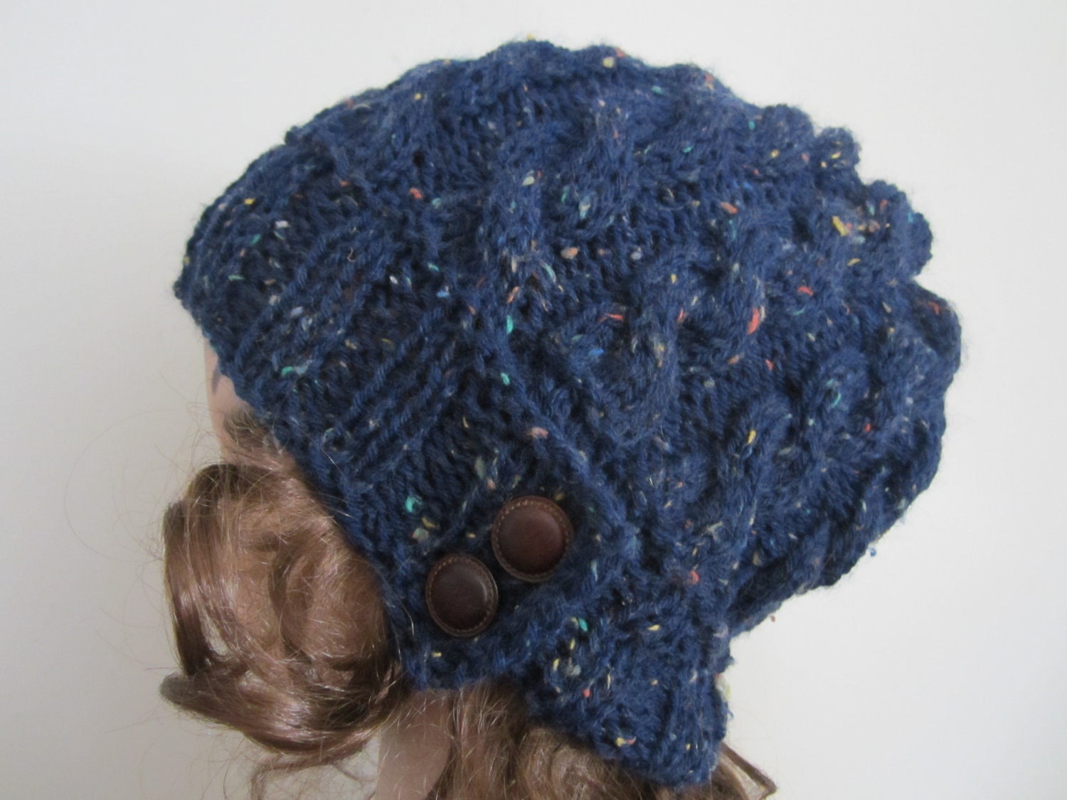 Hand Knit Cable Slouchy Hat with Button Trim - Navy Pebble with Double Buttons - Spring Fashion - Unisex Style