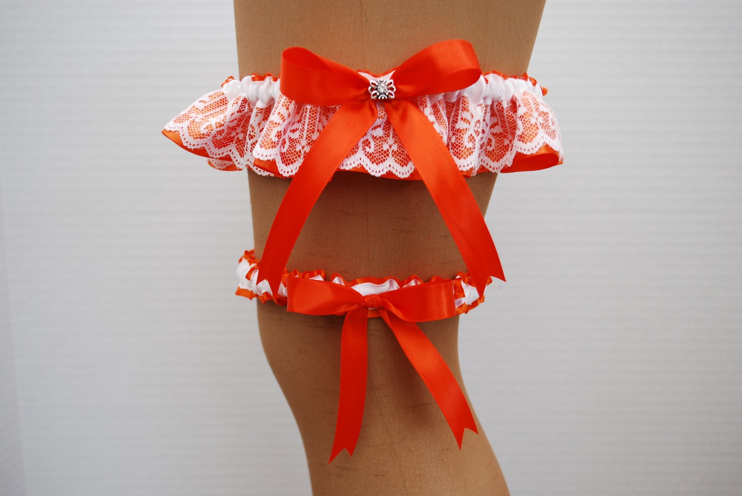 Wedding Garter Set - Torrid Orange Satin Ribbon with White Lace Overlay and Swarovski Crystal Charm - KimKatDesigns