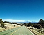 5x7 photograph: Desert Drive - New Mexico Turquoise Trail Highway 14. mountains, sky, sunshine, nature, rustic, spring, travel, wanderlust