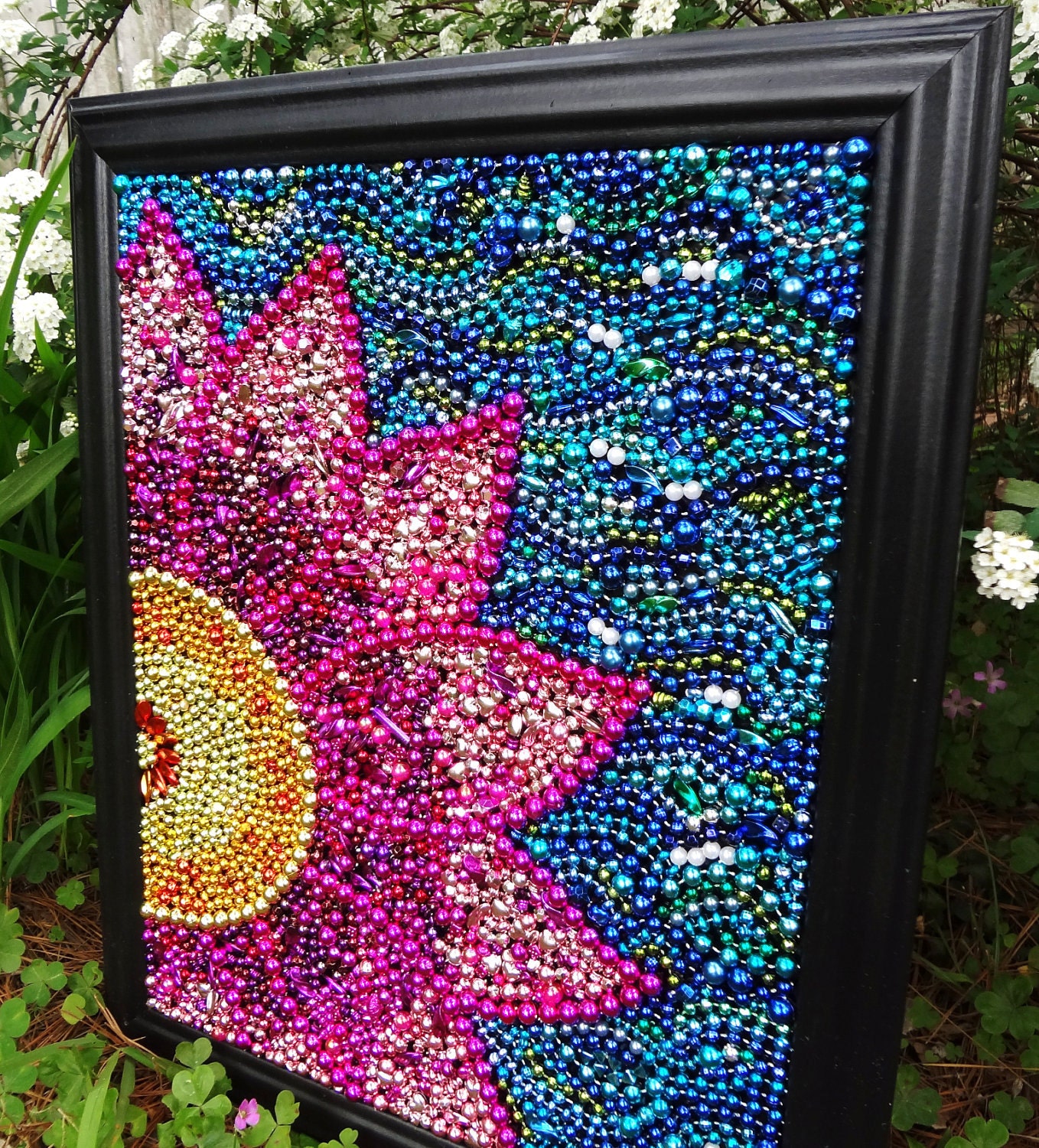 Original wall art Spring flower, pink and yellow, blue, whimsical Mardi Gras bead mosaic, collage