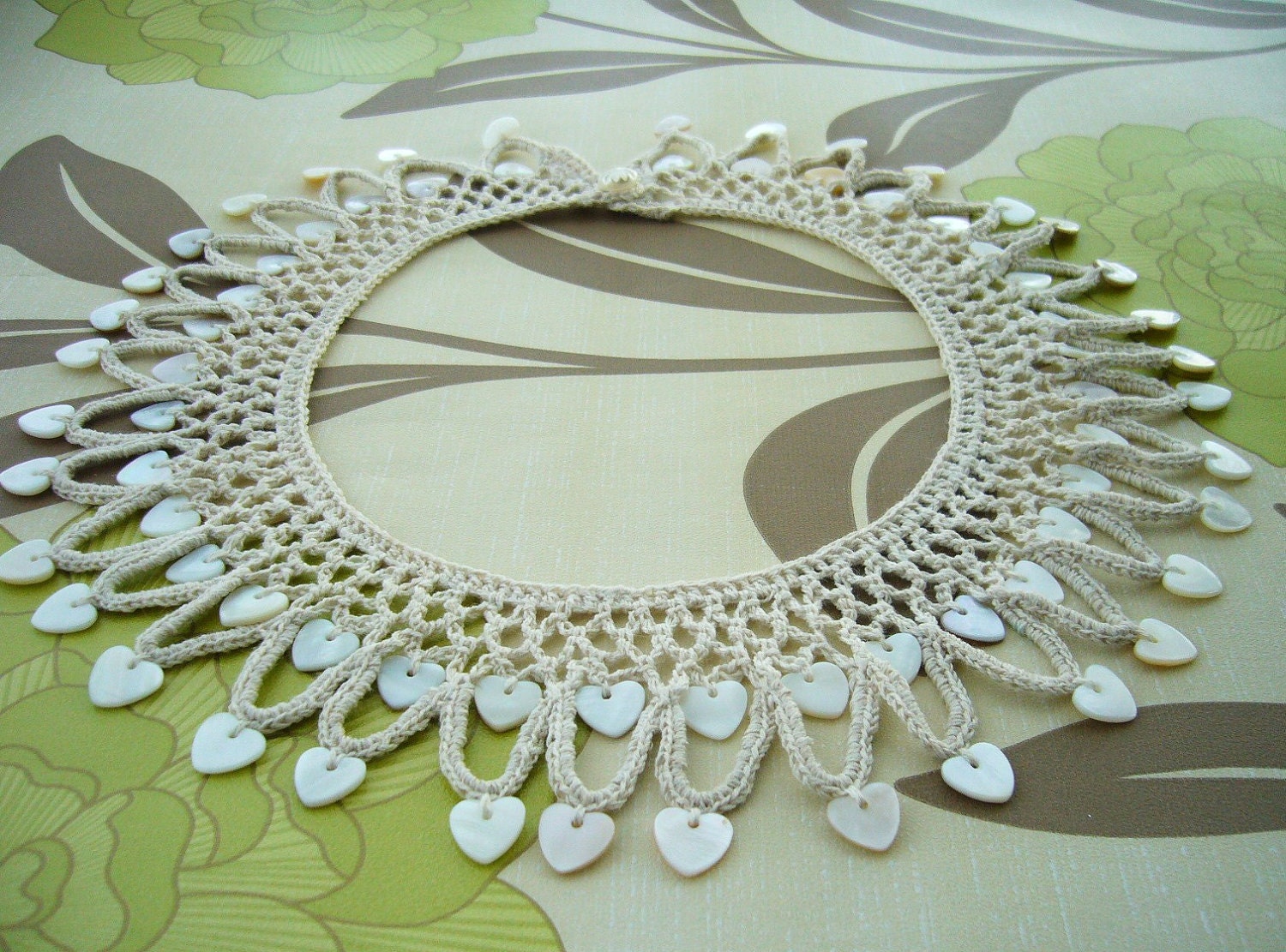 Hand Crochet Natural Linen Necklace Hearts