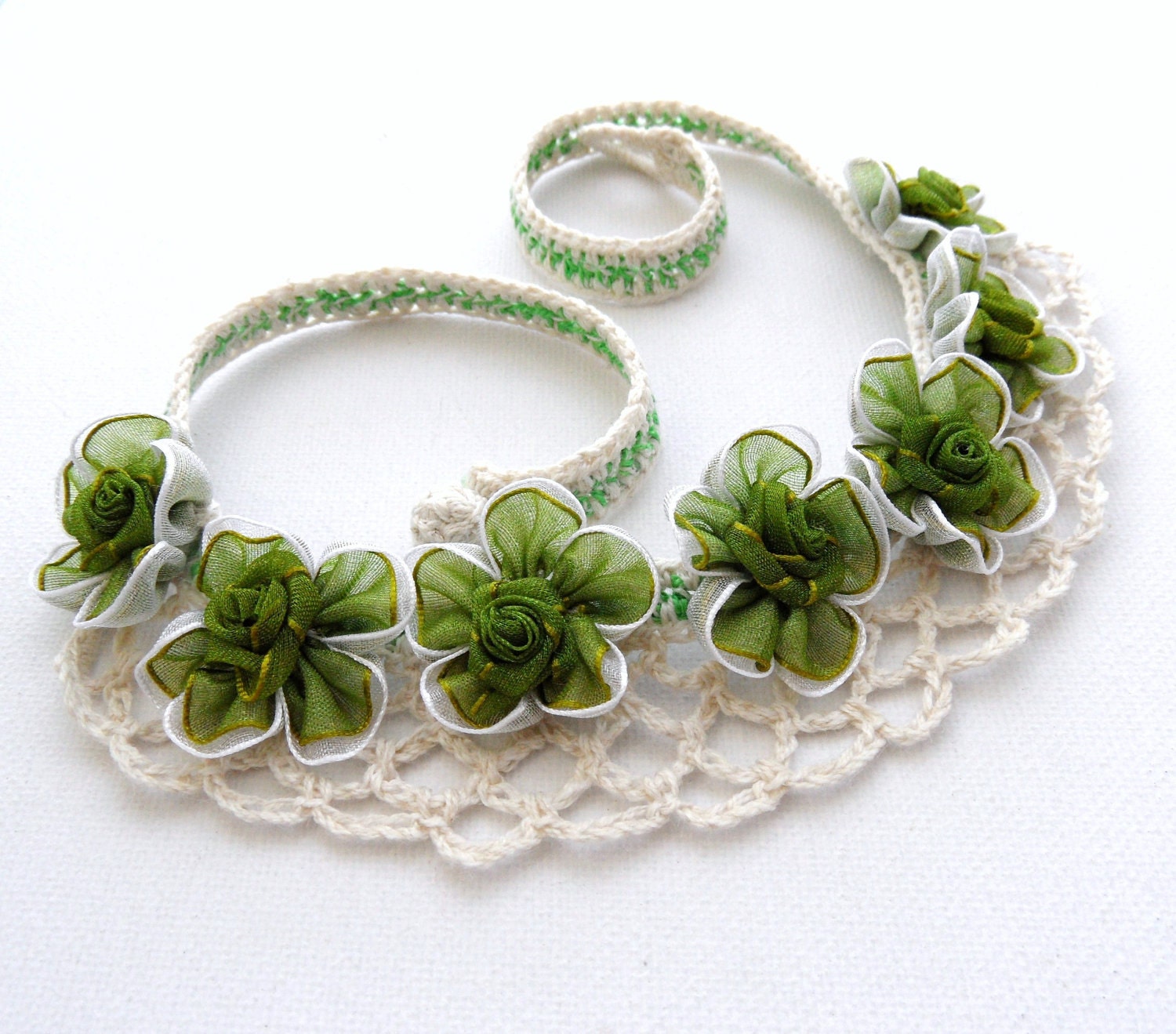 Crochet Necklace - Natural Linen and Organza Ribbon Olive Flowers Necklace Choker