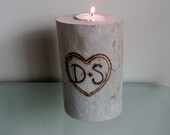 Personalized Rustic Wedding Decoration Carved Heart and Initials Wood Log Candle Holder Tea Light Centerpiece