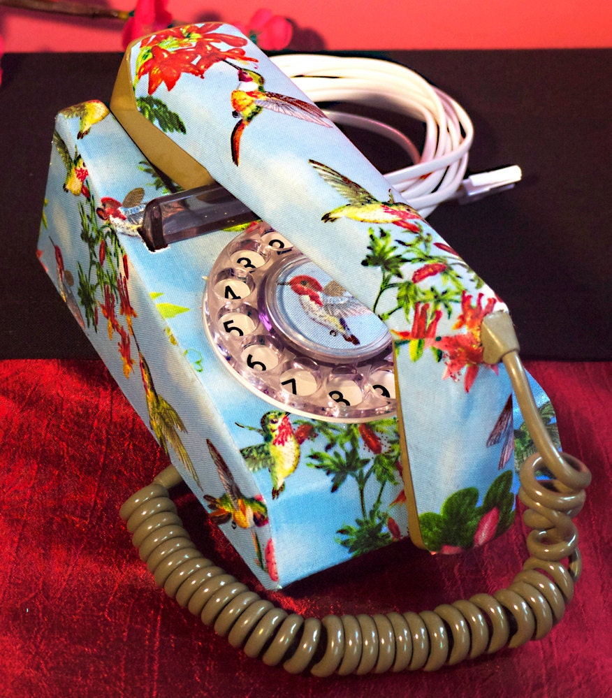 Unique Hummingbirds & Orchids Upcycled Vintage Rotary Trimphone FULLY WORKING