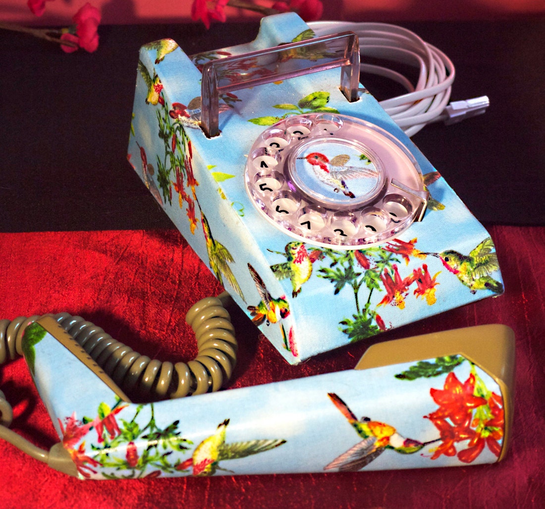 Unique Hummingbirds & Orchids Upcycled Vintage Rotary Trimphone FULLY WORKING