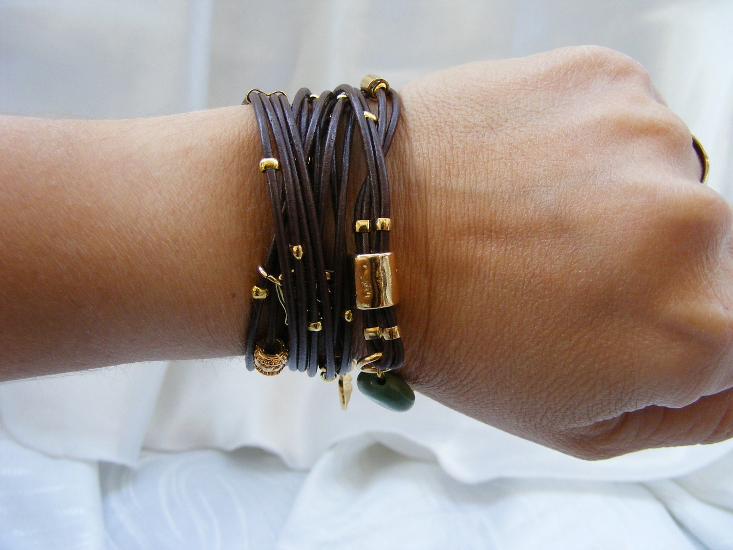 Women Leather Bracelet Brown wrap Multi-Strands with Gold plated Leaf Charms & turquoise stone