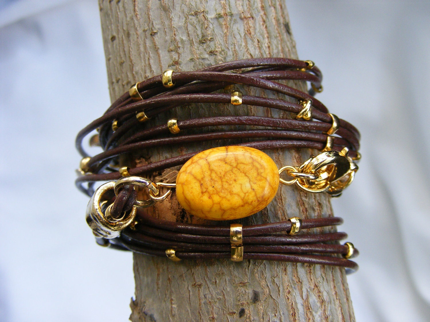 Brown Leather-Wrap Bracelet Multi-Strands with Gold plated Leaf Charms & Orange Stone