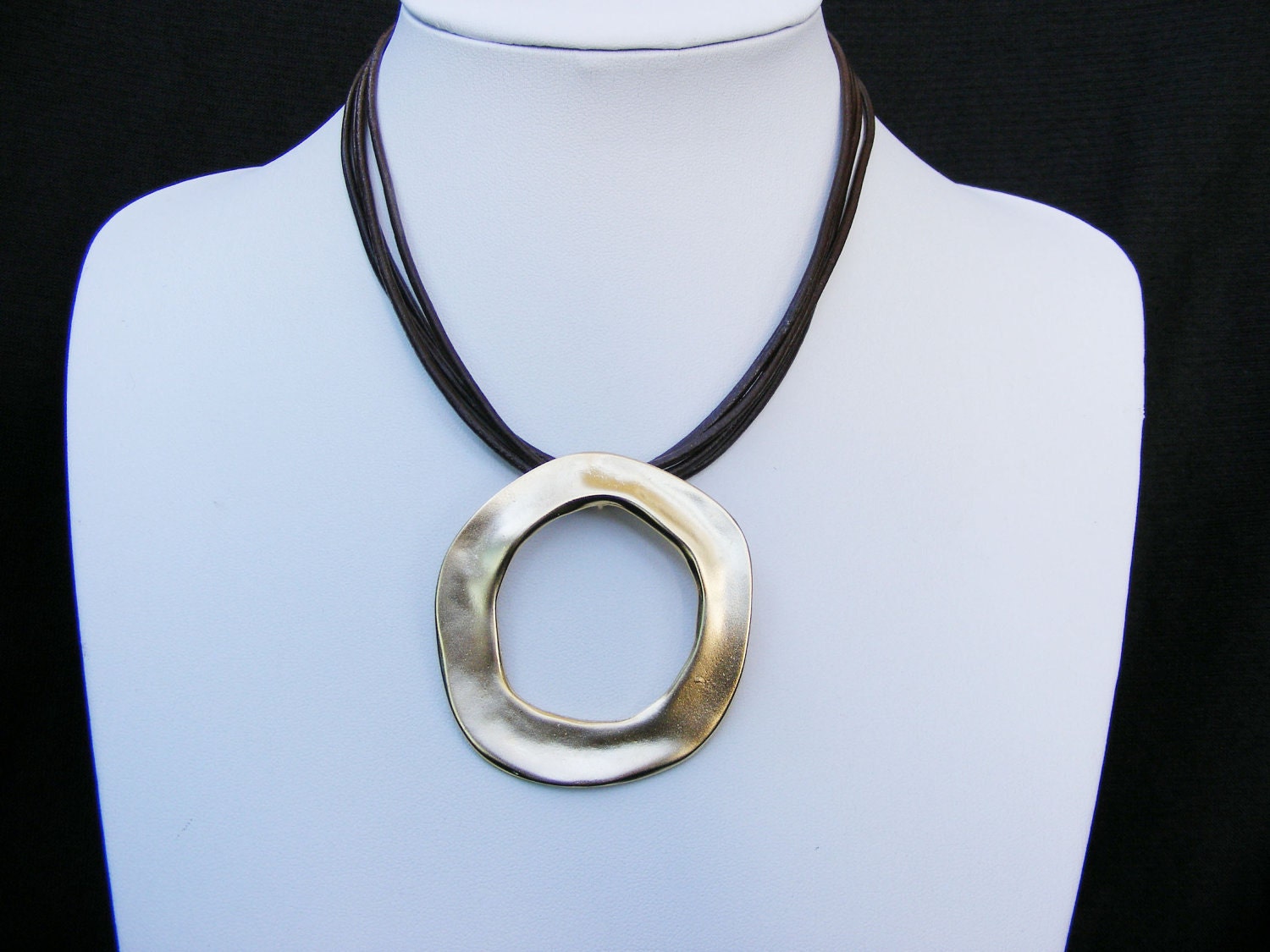 Black Leather Necklace with unique Gold Plated circle