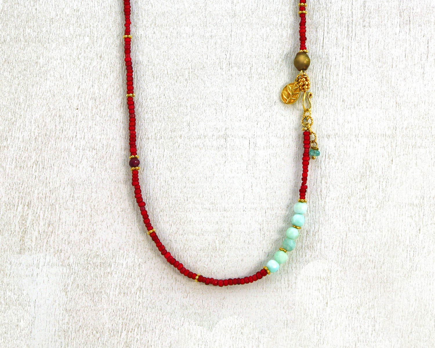 Runcible. Peruvian blue opal bracelet, Convertible to necklace or Anklet. Ruby, vermeil, brass and trade beads