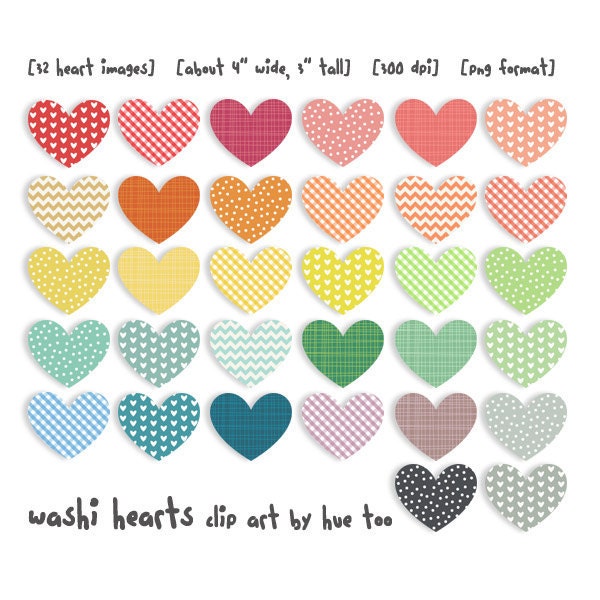 heart clip art, hearts clipart washi tape patterns rainbow colorful, instant download digital files - 015