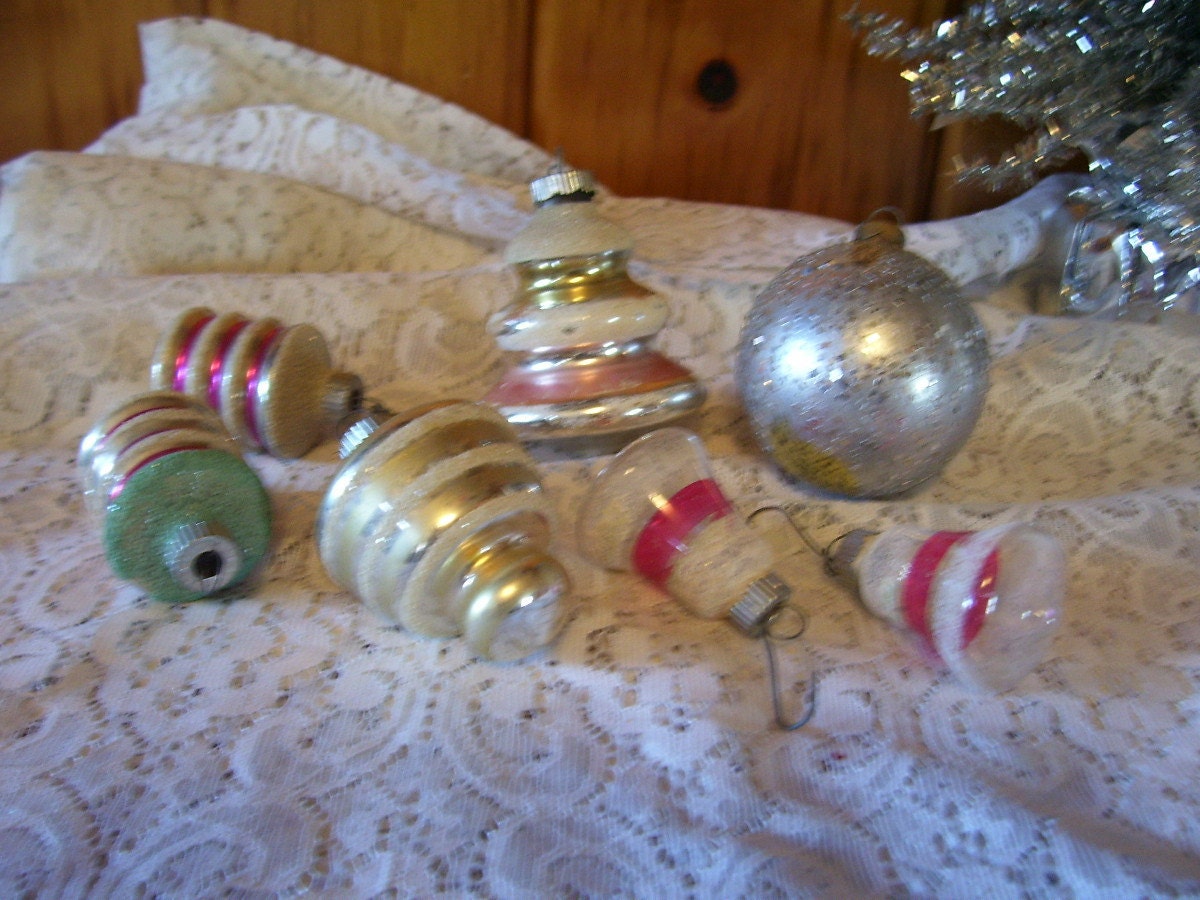 Variety of 7 Beautiful Antique Mercury Glass Christmas Tree Ornaments Shiny Brite