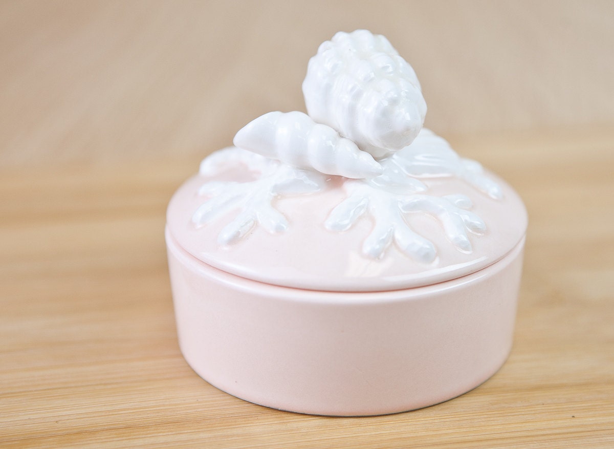 RESERVED, Round Ceramic Trinket Box, w/ Sea Shell Pattern by Fitz & Floyd