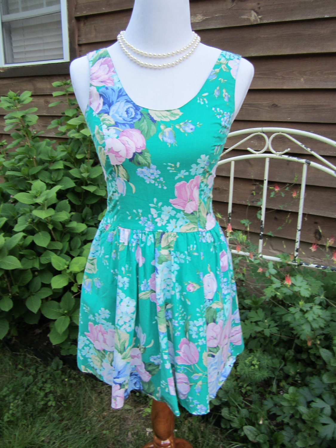 Green floral 80's garden party dress mini