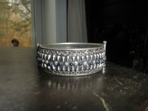 Antique Hinged and Pin Victorian Silver and Lapis Lazuli Cuff Bracelet