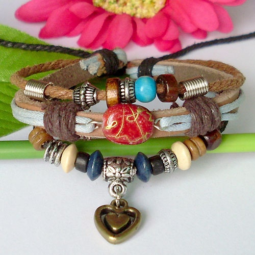 Genuine Hemp Leather Bracelet Wristband With Beautiful Turquoise Beads and Heart Pendant