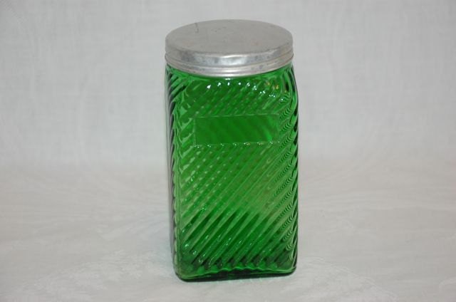 Vintage Hoosier Owens-Illinois forest green depression glass canister 5 1/4 inches