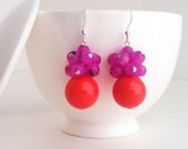 Coral Earrings by Kluster Happy Jewelry. Orange Coral and Bright Purple Dangle Earrings. 100% Sterling Silver.