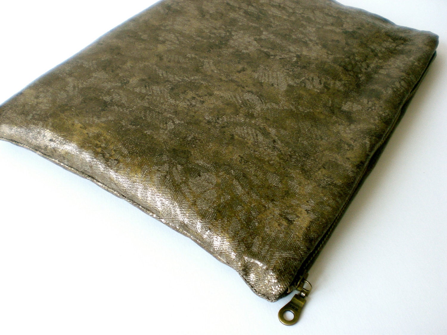 Metallic Khaki Grey Cotton Purse / Clutch /  Zipper Bag