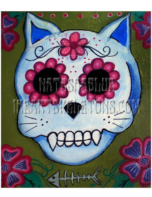 Day of the Dead Sugar Gato, Cat skeletons print