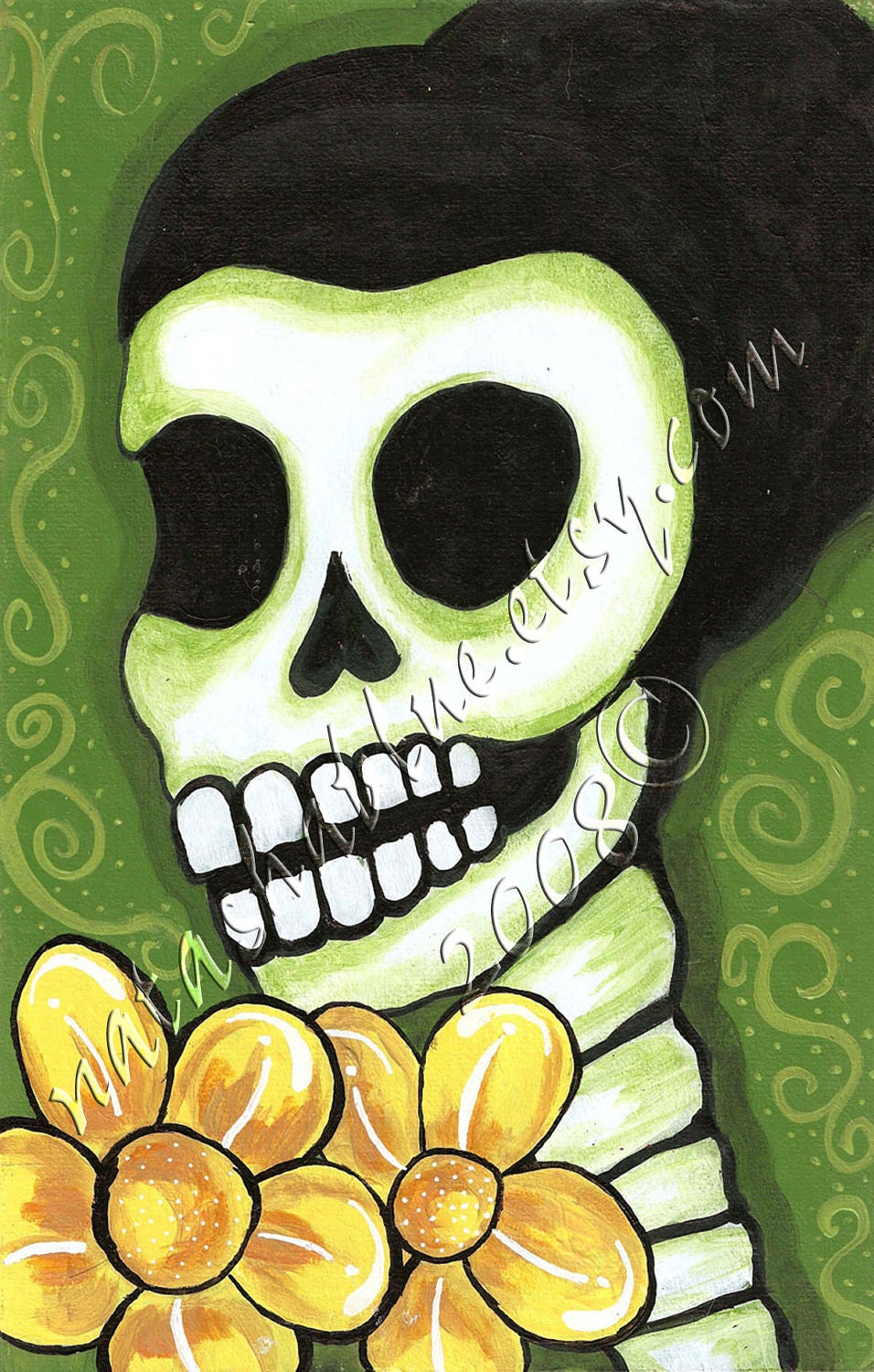Day of the Dead Flower in Green Sugar Skull Skeleton print