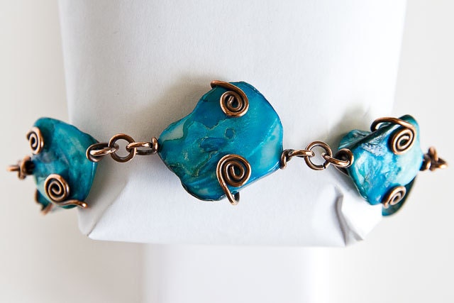 Copper Turquoise Bracelet Chunky Bracelet Antiqued Copper Celtic Spirals Turquoise Shell Effect Beads