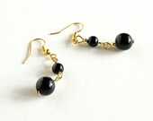 Brass Earrings Black Gold Beads Brass Wire Dangle Earrings Upcycled Black Round Beads Gold Seed Beads Gilt Plated Findings