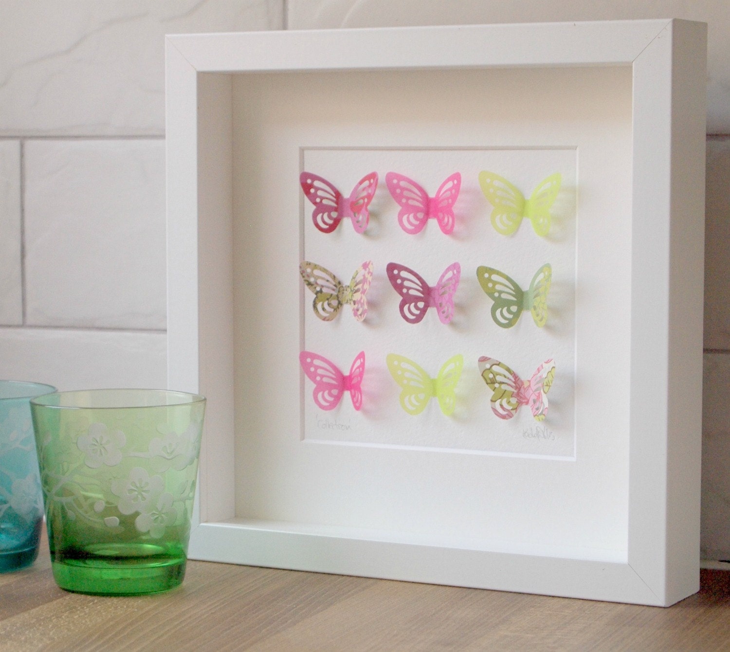 Butterfly collection pink and green in small white frame