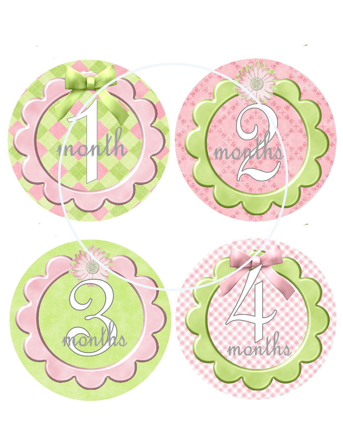 Monthly Onesie Stickers Baby  girl Pink Green flowers Bows Printable  Digital FILES DIY