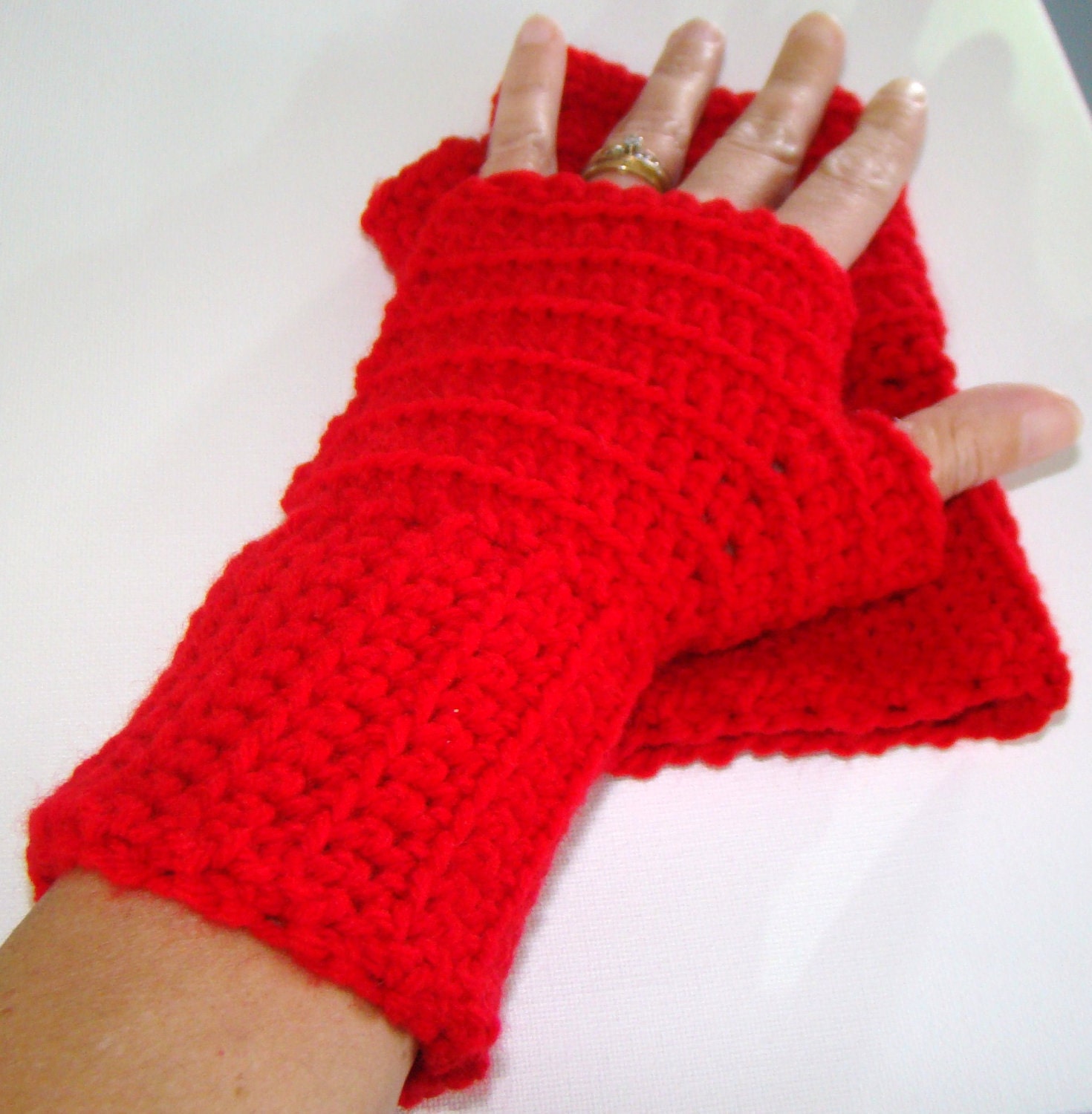 Fingerless Mittens in Berry Red Crochet