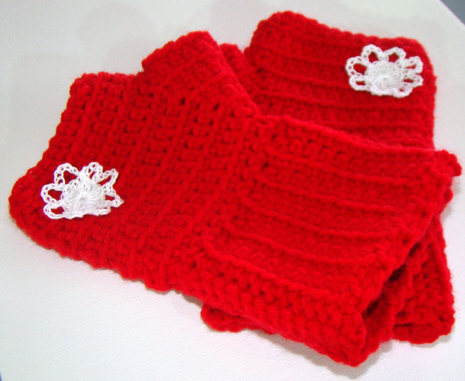 Fingerless Mittens in Berry Red Crochet with White Flower Embellishment