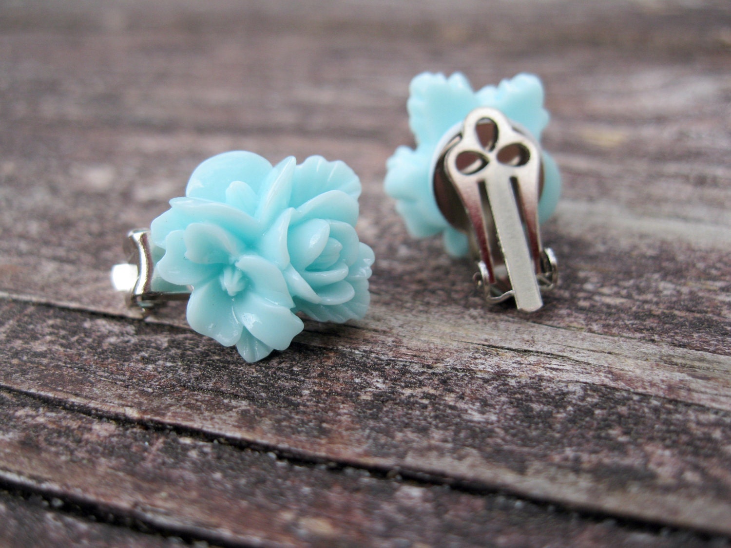 Aqua Blossom Clip on Earrings