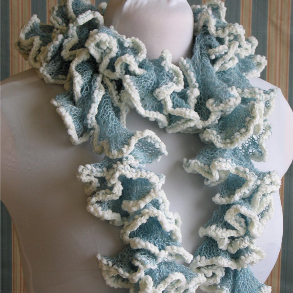 Light Blue Knit Curly Scarf Ocean Waves by KnitPurlSquirrel