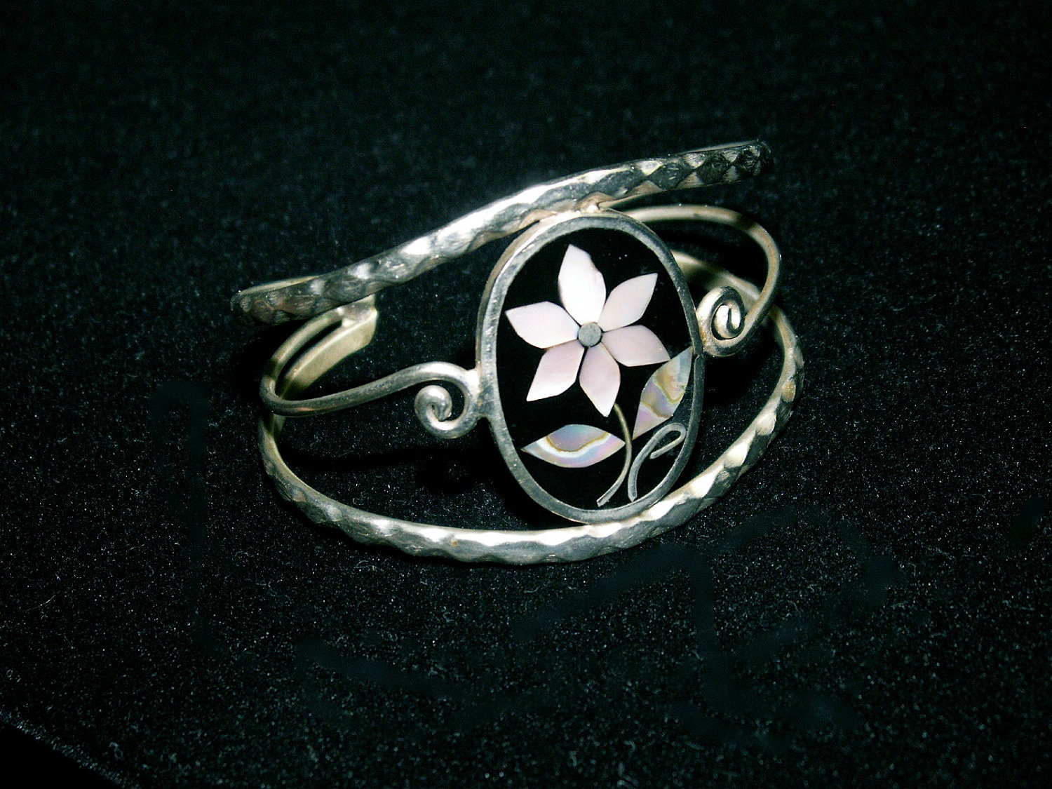 Sale Vintage Alpaca Mexico Silver Mosaic Flower Cuff Bracelet