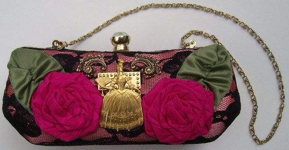 Unique Marie Antoinette upcycled vintage style bag, trimmed with silk handwrapped roses and vintage brass metal findings