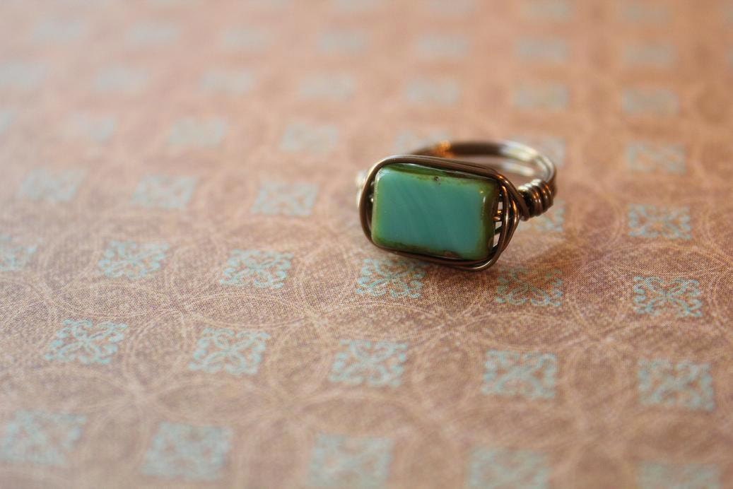 Turquoise Picasso Czech Glass Wire-Wrapped Ring
