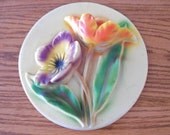 Vintage 1940's Round Chalkware Wall Plaque, Anemones