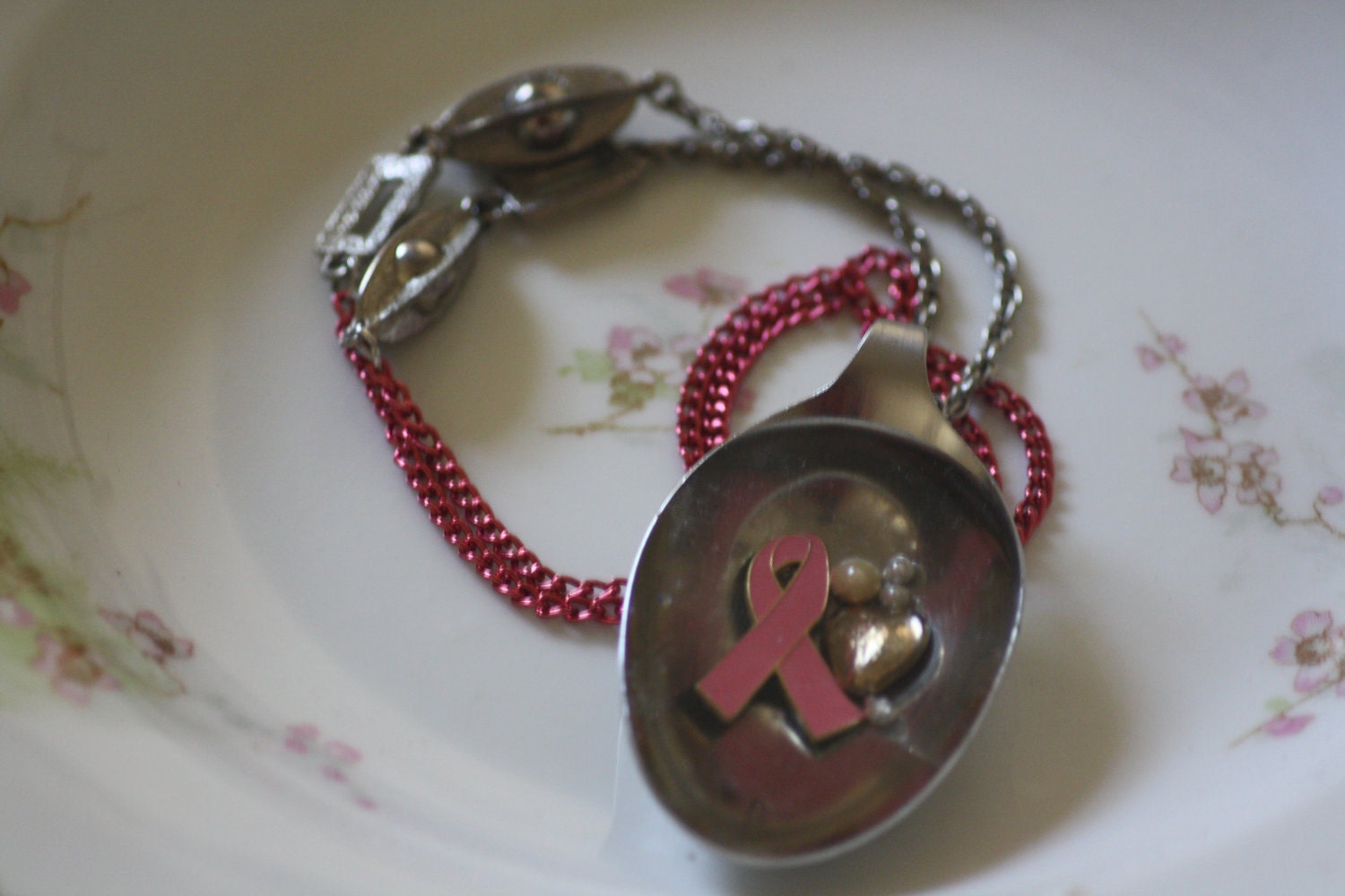Resin Spoon Necklace: Breast Cancer Ribbon