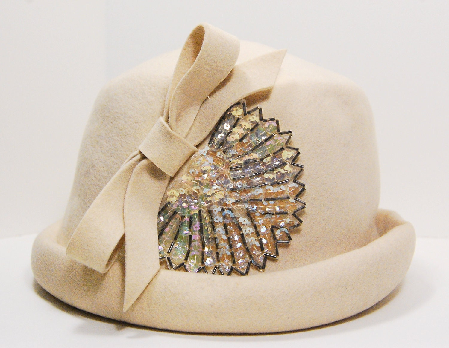 1960s Vintage Wool Felt Cream Hat with Felt Bow, Sequin and Bead Accent, Glamour Felts, Terry Sales Corp., NY