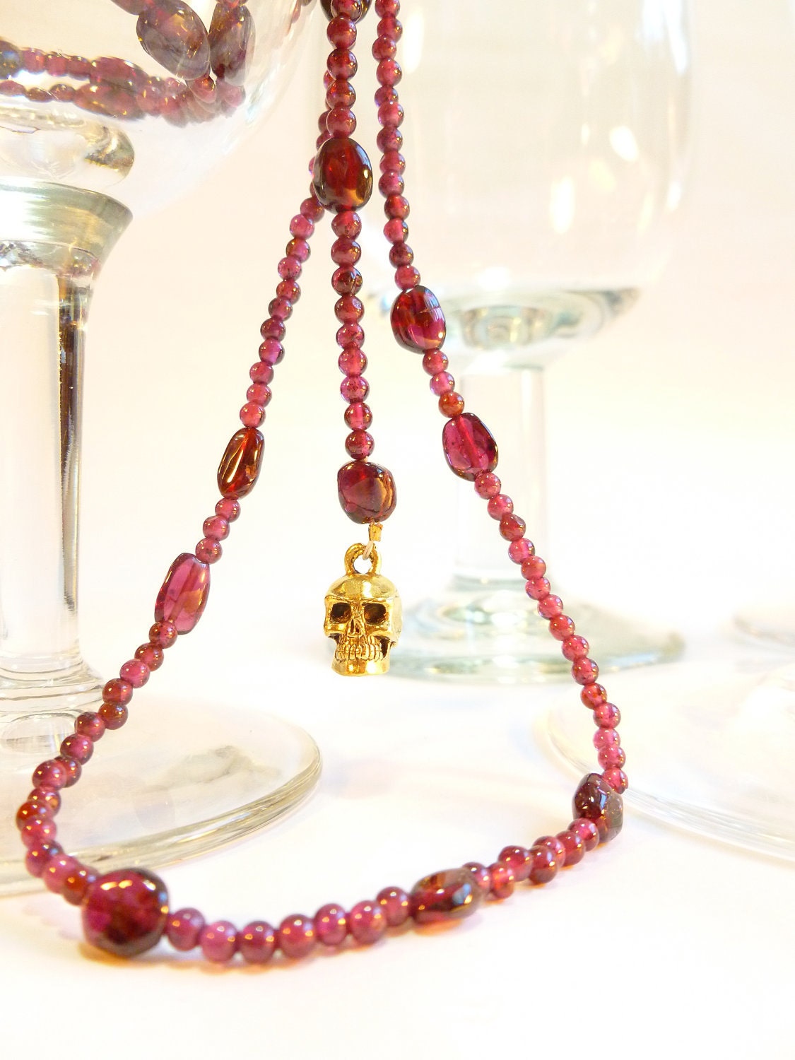 Garnet and Gold Skull Extra Long Rosary Style Necklace