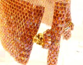 Glowing Gold Skull Iridescent Topaz Hex Cut Seed Bead Wide Cuff Bracelet