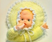 Vintage Doll Face Throw Pillow Rubber Doll Face 1950's Yellow  White Crochet Knitted   Baby Girl Nursery Gift