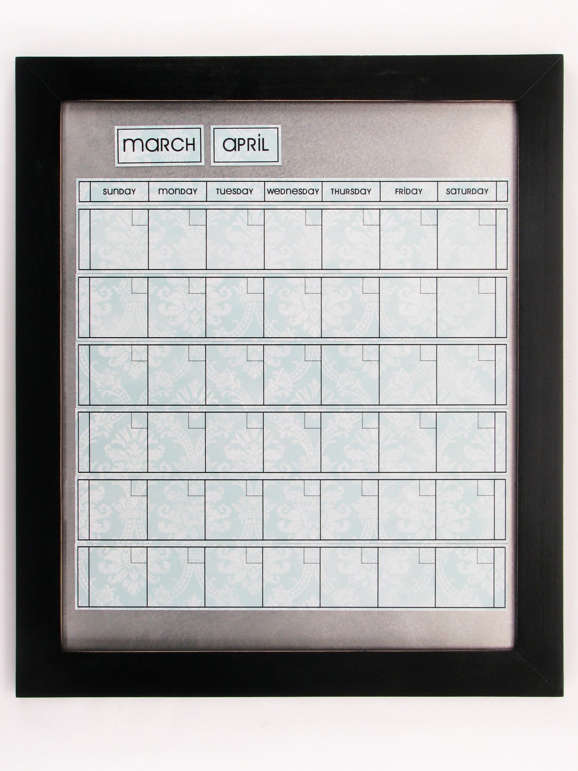 Large Dry/Wet Erase Magnetic Calendar with 6 Weeks Showing at all times. Vintage Light Blue Calendar Kit with Black Frame.