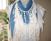 Blue cotton gauze-lace fringe scarf-Turkish womens scarves 2012 trends new spring fashion