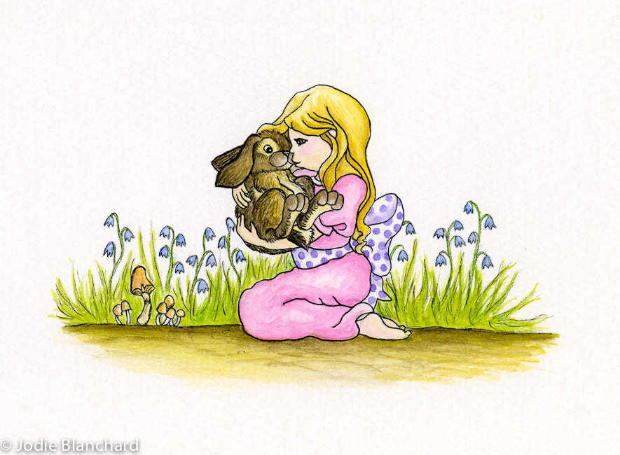 Girl and Rabbit Painting "Bunny Love" Aceo Print 2.5 x 3.5